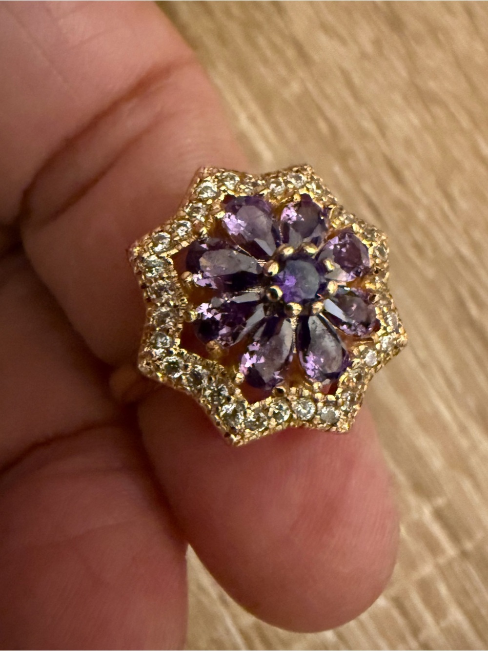 Gold-Tone Floral Amethyst Cocktail Ring - Purple Accent